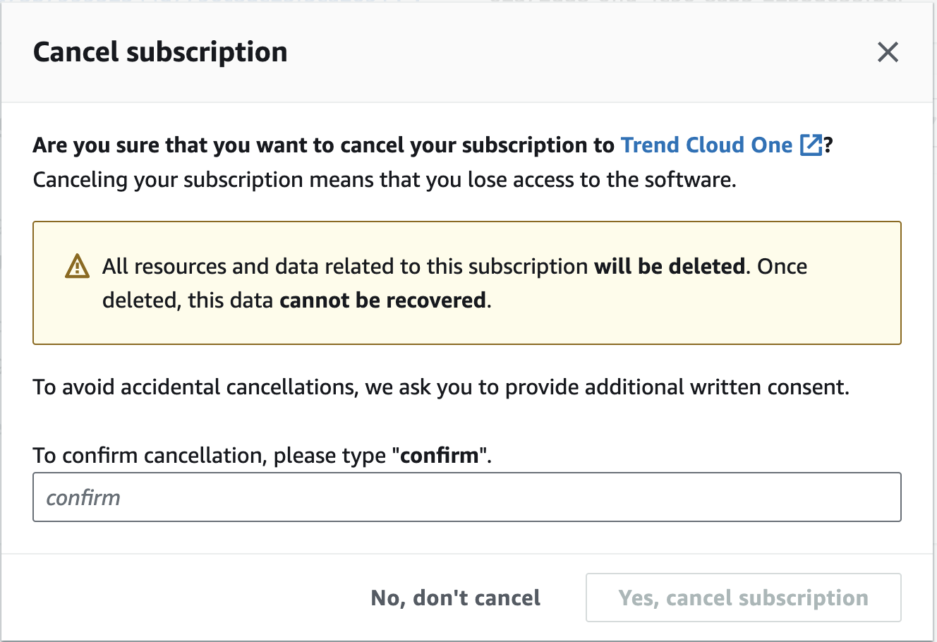 Cancel subscription confirmation message