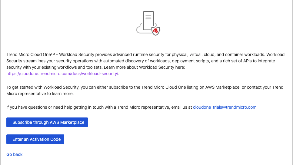 Workload Security dialog box with the Enter an Activation Code button