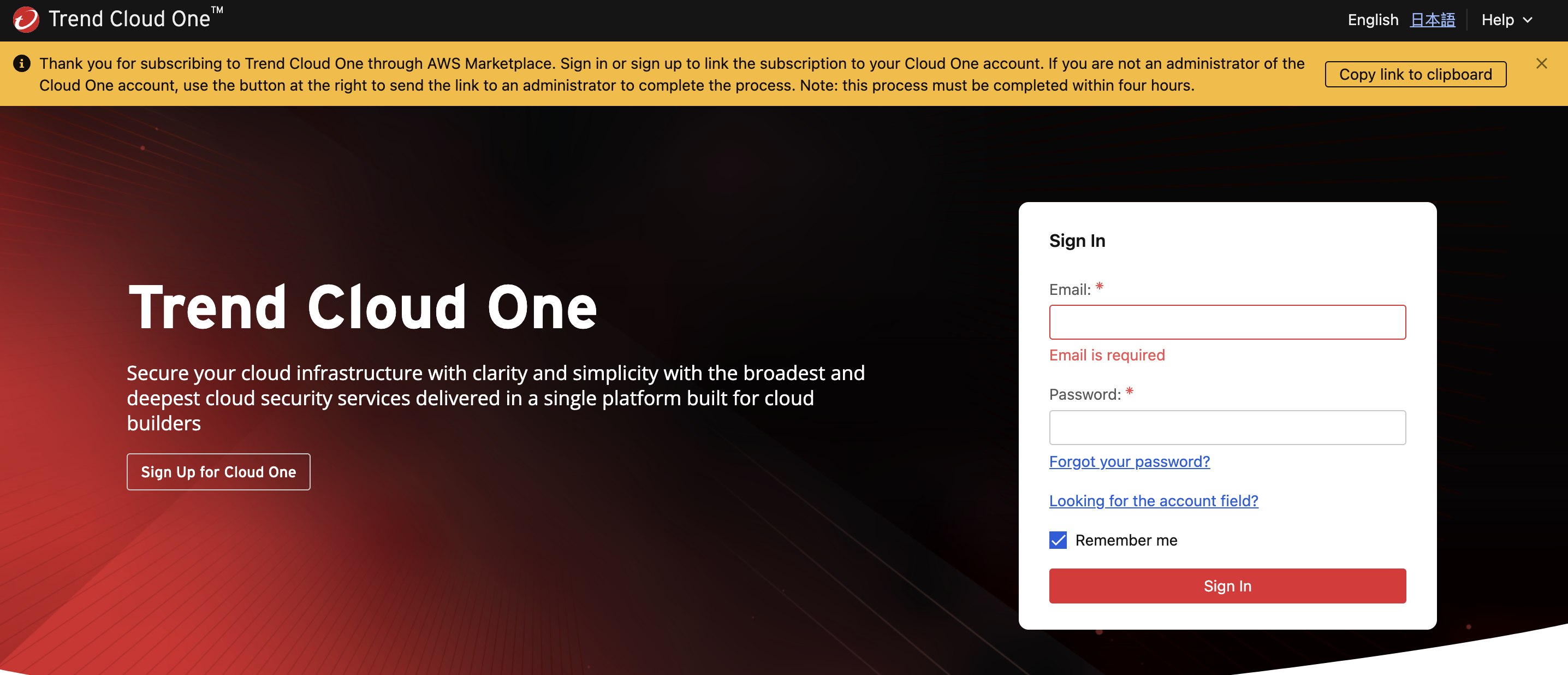 Image showing the Trend Micro Cloud One registration page