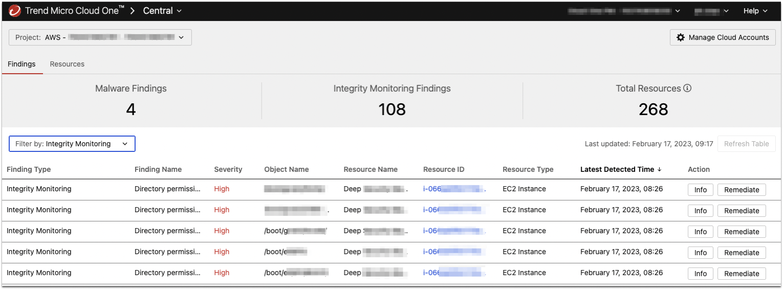 Integrity monitoring findings page