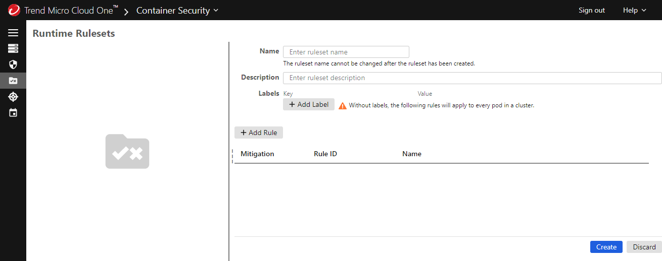 Page to enter data to create a runtime ruleset