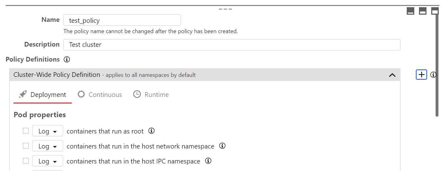 The Policy Definitions interface with the + button highlighted