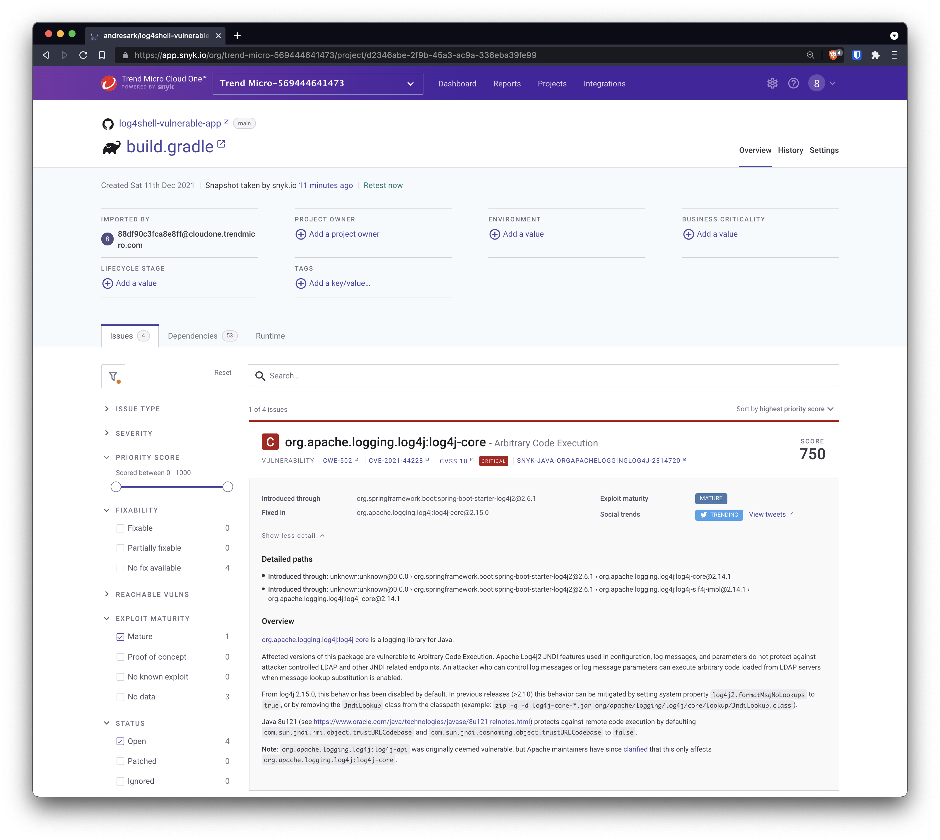 OSS by Snyk Log4j detection