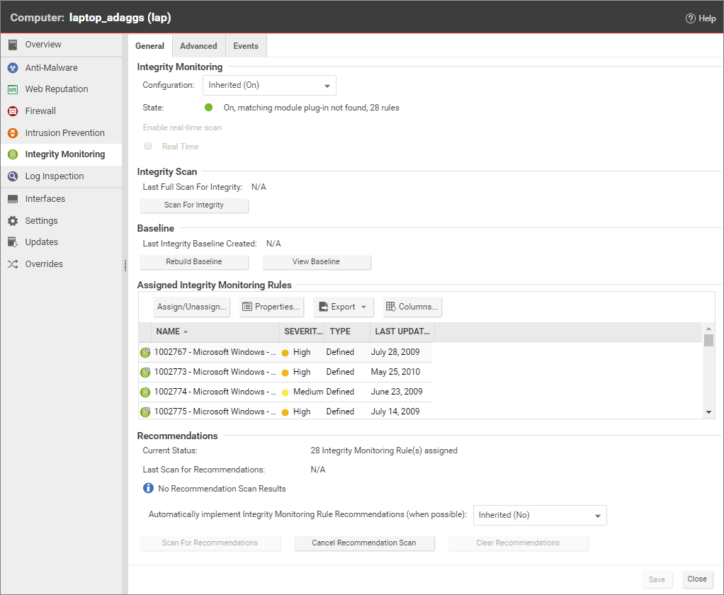 Integrity Monitoring settings