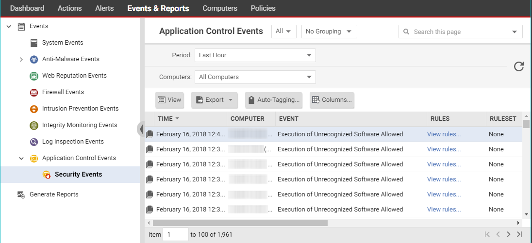 Application Control Events page