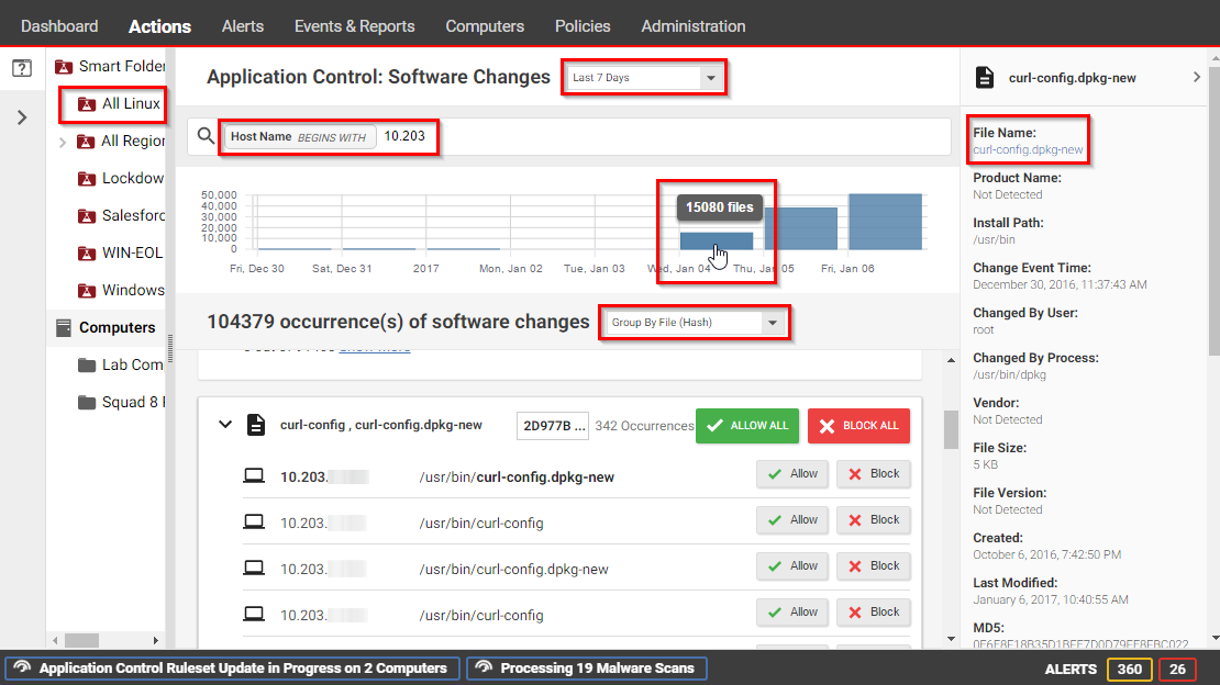 Actions tab allows you to view drift away from your approved software inventory, and to approve or block software. To filter the list, choose a time period, click blue links, or type search filters.