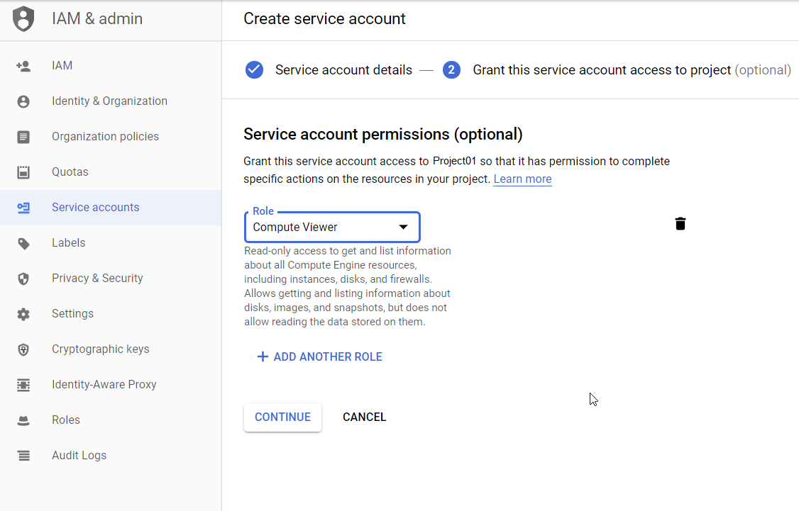 GCP window with Create service account displayed